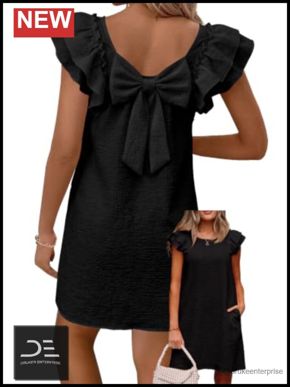 Falechay Women's Knitted Sundress Ruffle Sleeve Back Bow Tie Square Neck Casual